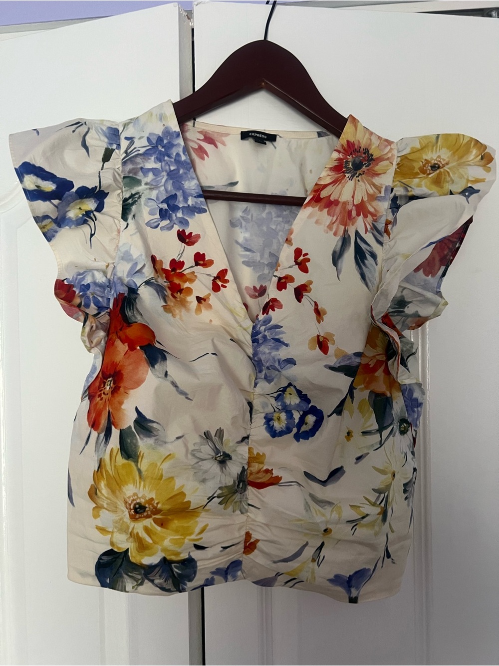 Express Floral V-Neck Flutter Sleeve Blouse - Cream/Multi-Color